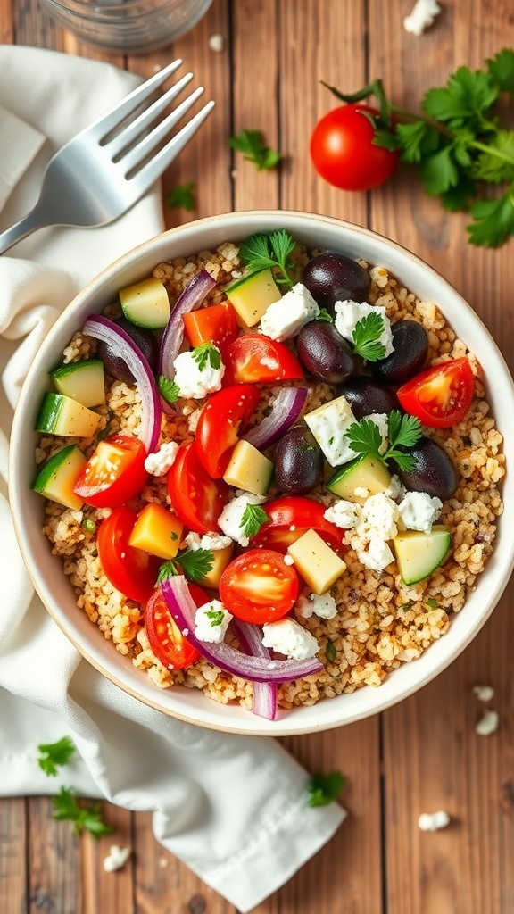 A Mediterranean quinoa Greek bowl with quinoa, cherry tomatoes, cucumber, red onion, olives, and feta cheese, garnished with parsley.